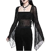 Floerns Women's Goth Mesh Sheer Top Lettuce Trim Square Neck Bell Sleeve Crop Tops