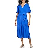 DKNY Womens Short Sleeve Tiered Midi Dress