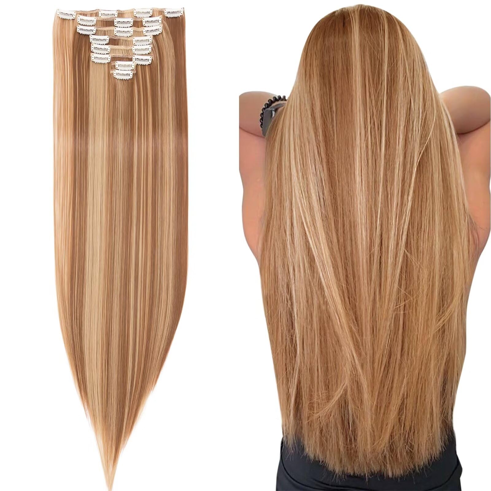 Silk-co Clip in Hair Extensions -Light Brown&Blond Long Straight Ombre Hairpiece 26inch Full Head 8 Pieces 18 Clips Extension