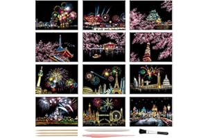 MIASTAR Scratch Art Paper, Rainbow Night View Scratchboard Pads for Adults and Kids, Mini Envelope Postcard Art & Crafts Set: 12 Sheets Scratch Cards & Scratch Drawing Pen, Brush 7.9"x5.5" (Fireworks Series)