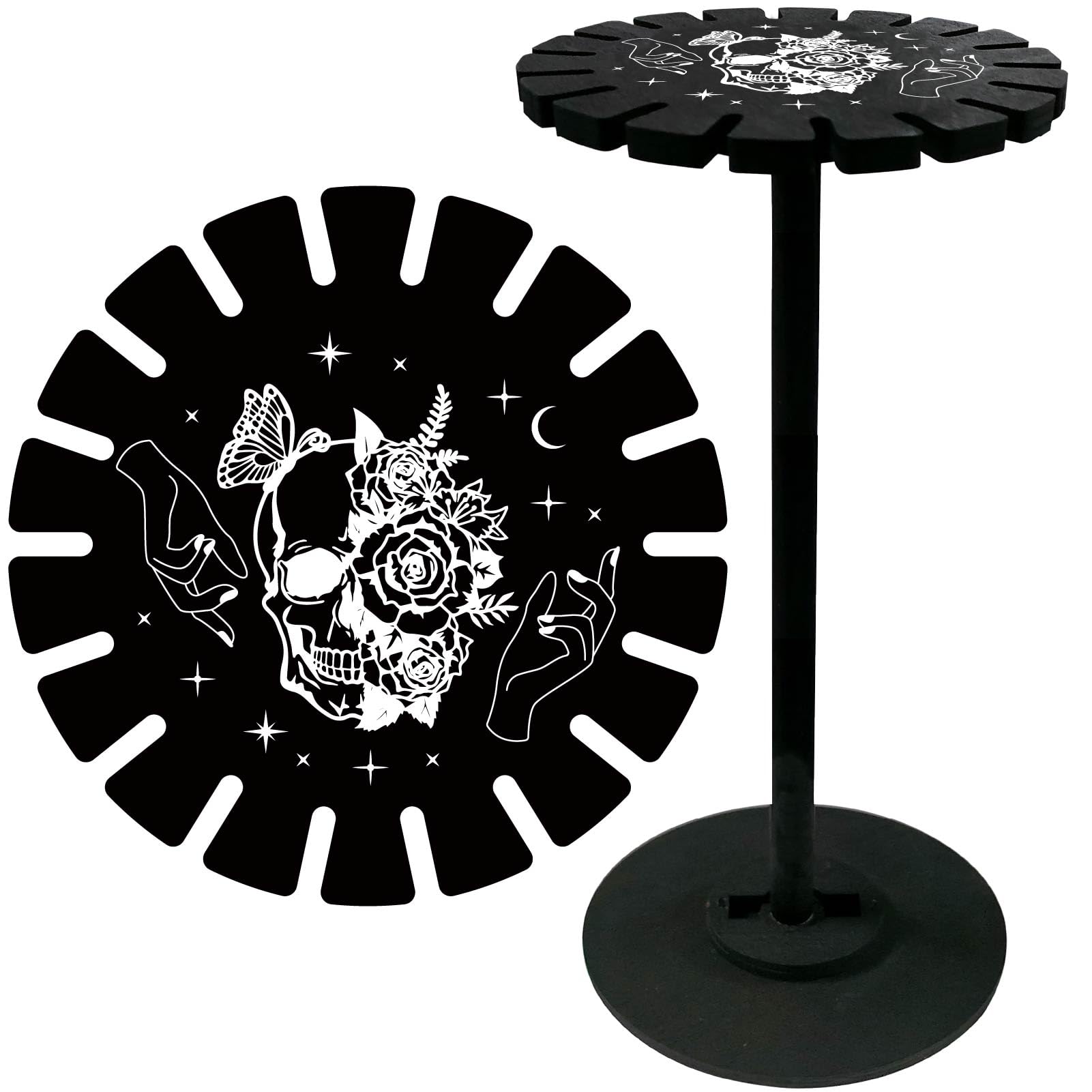 CRASPIRE Skull Flower Gothic Crystal Pendulum Shelf Pendant Display Holder Stand Black Wooden Dowsing Divination Metaphysical Boards Witchy Stuff for Home Hanging Stone Essential Oil Decor