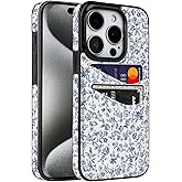 Obbii for iPhone 15 Pro Case with Card Holder Soft Leather Wallet Case Protective Shockproof Hard Cover for Women Girls (Blue Floral Flower)