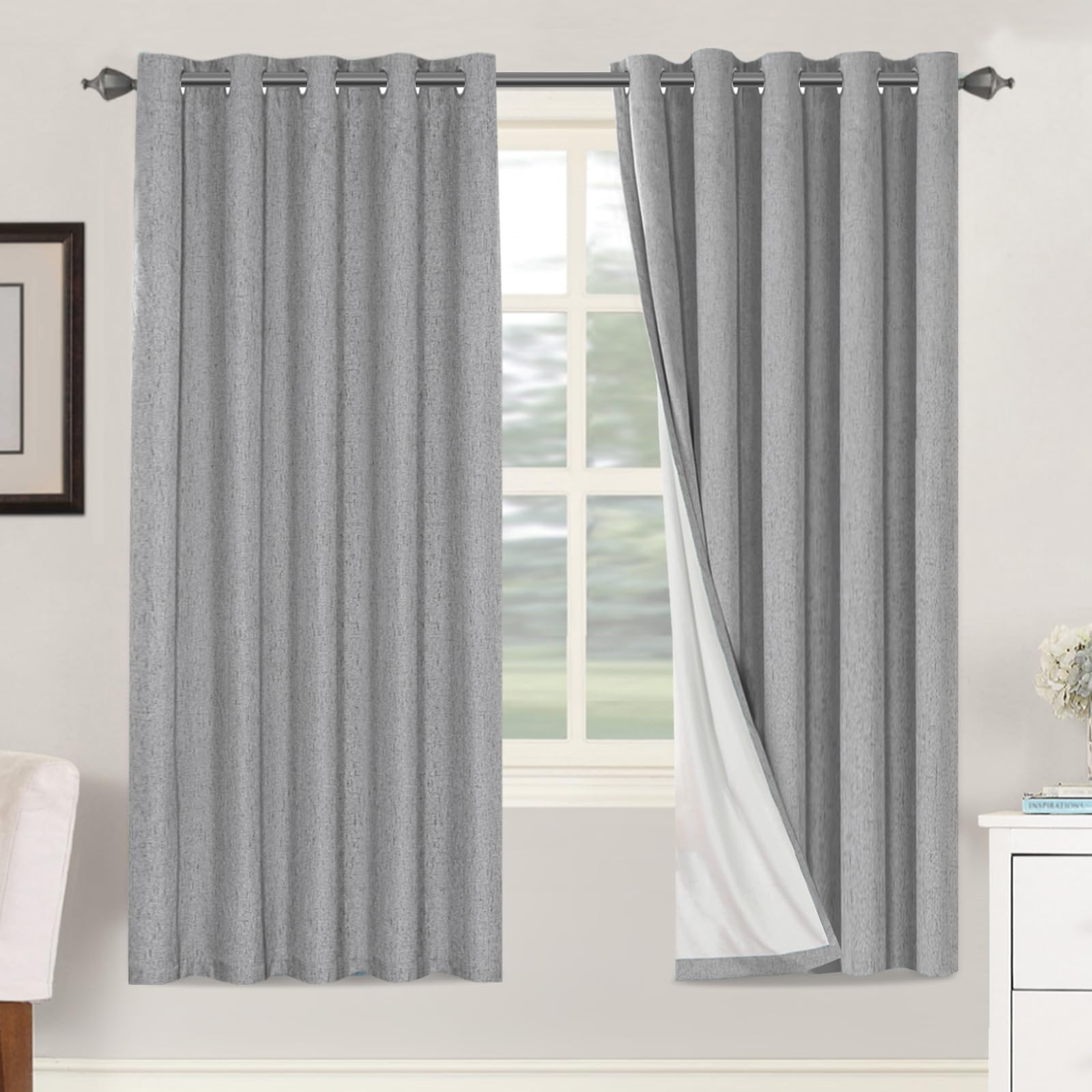 BellaHills 100% Blackout Curtains Linen Textured Blackout Curtains for Bedroom Full Light Blocking Thermal Insulated Curtain Panels Energy Saving with White Liner, 2 Panels, 66 x 72 Inch, Dove Grey