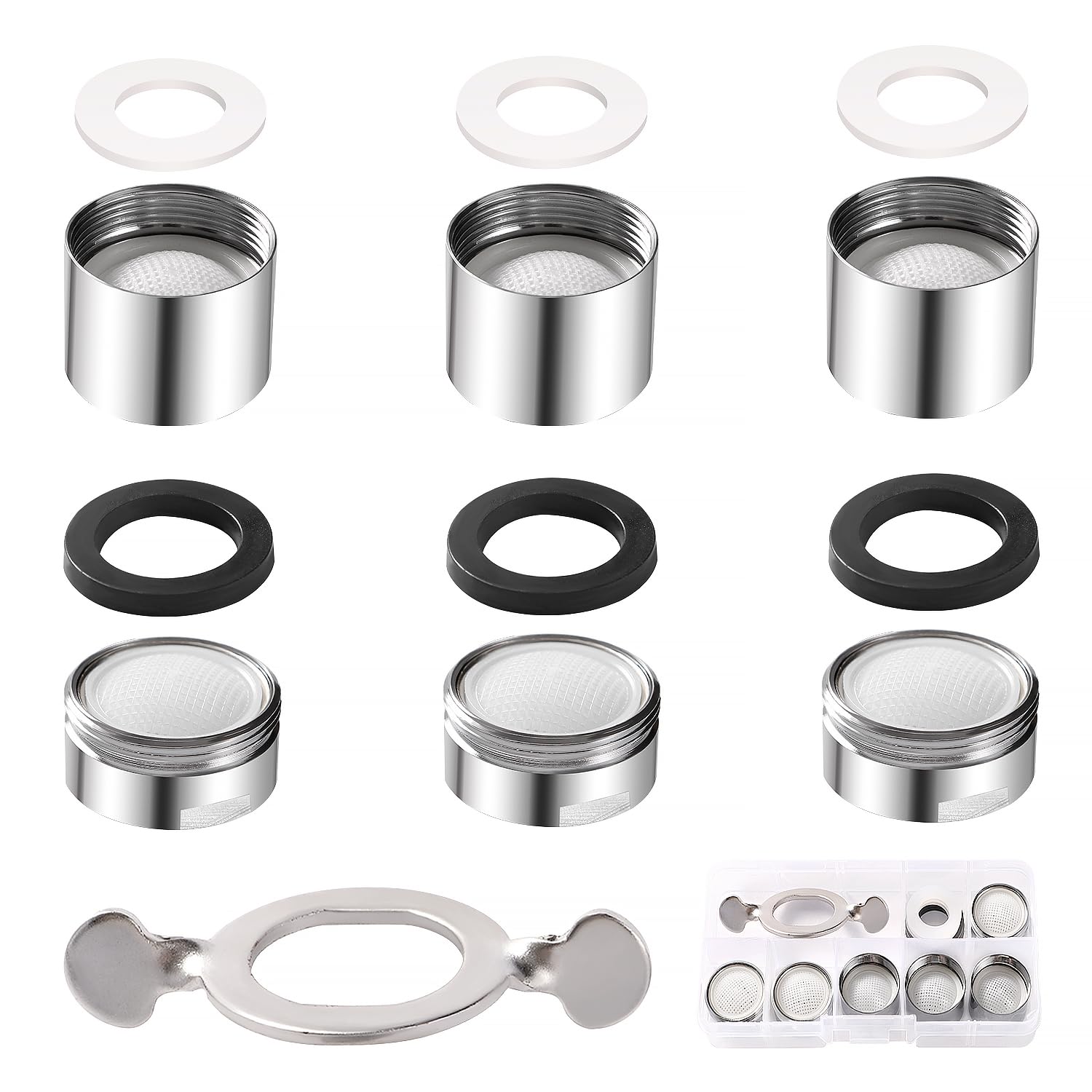 YIXISI 6 PCS M22 Female Thread + M24 Male Thread Faucet Tap Aerator, with Faucet Aerator Wrench and 6 Rubber Gaskets, Faucet Tap Aerators Nozzle, Tap Spout Aerator with Stainless Steel and ABS Filter