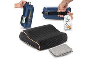 alkamto Travel & Camping Comfortable Memory Foam Pillow – Easy to Carry Portable Bag – Temperature Regulating Pillow Case (Black Contour + Extra Cover)