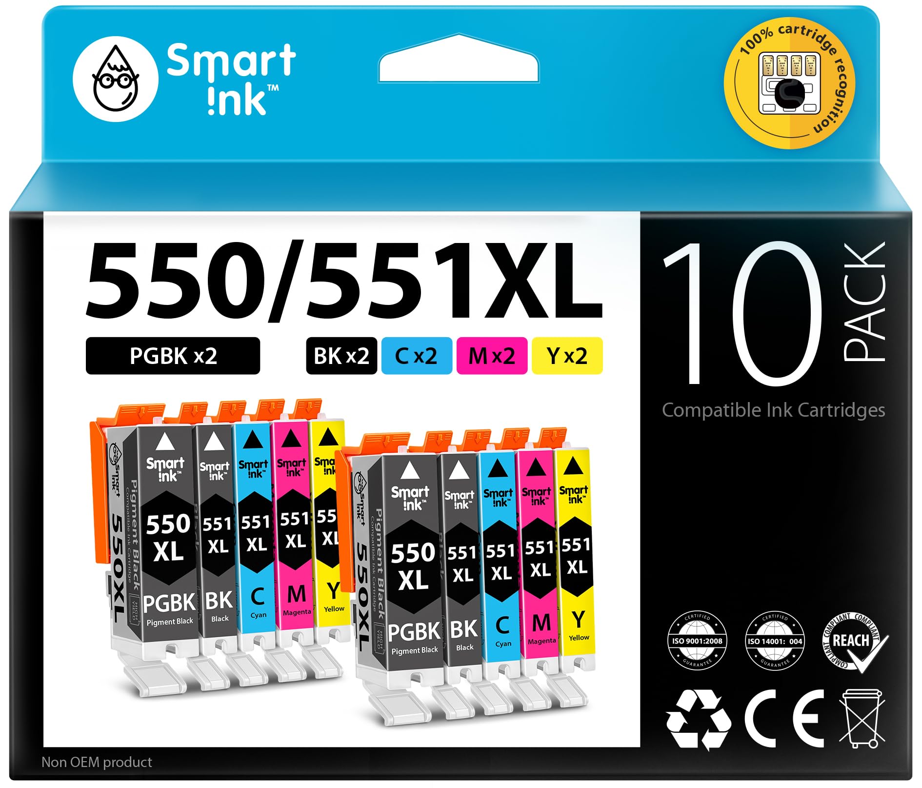 Smart Ink Compatible Ink Cartridge Replacement for Canon PGI 550 550XL CLI 551 551XL (2 PGBK & 2 BK/C/M/Y 10 combo pack) to use with PIXMA MG5450 MG5650 MX725 MG7550 MG6450 MG6350 iP8750 iP7250 MX925