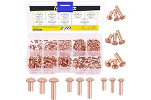 Mardatt 270Pcs Round Head Copper Solid Rivets Kit, M2 M2.5 M3 Solid Copper Rivets Fasteners, Round Head Rivets Solid Copper Rivets for Electrical Applications, Leather Working Supplies