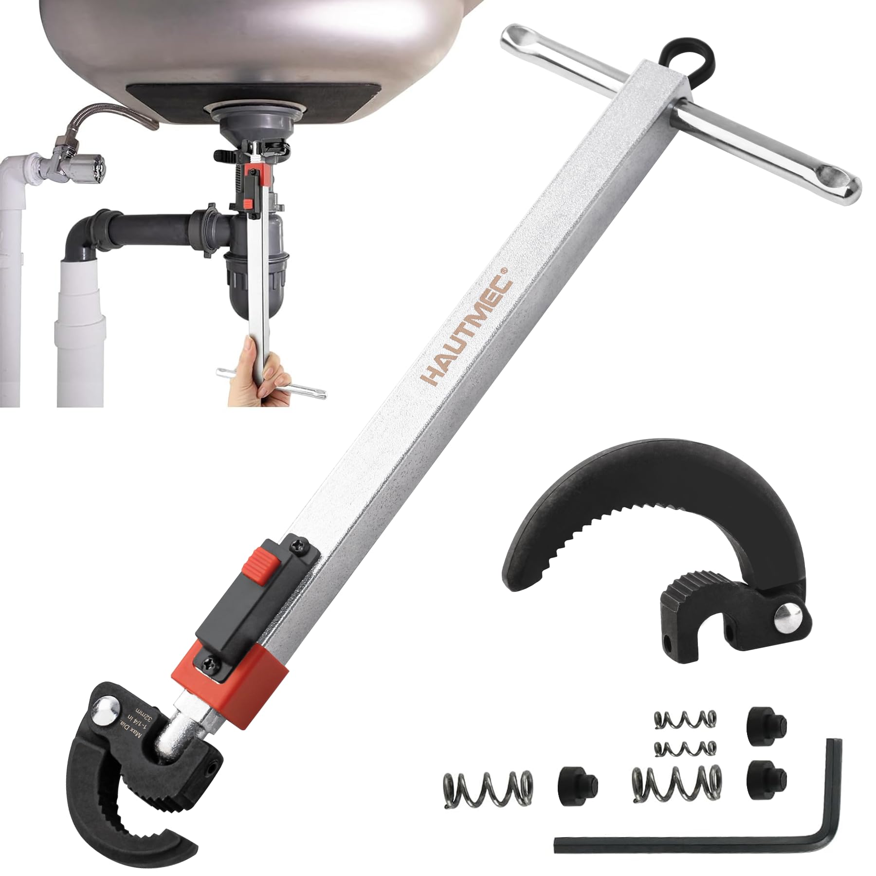HAUTMEC 280-460mm(11-18") Telescoping Basin Wrench, Sink Faucet Wrench for Tight Spaces with Replaceable Jaws Capacity 32-64mm(1-1/4''to 2-1/2"), Plumbing Wrenches Tools for Faucet Hex Nuts under Sink
