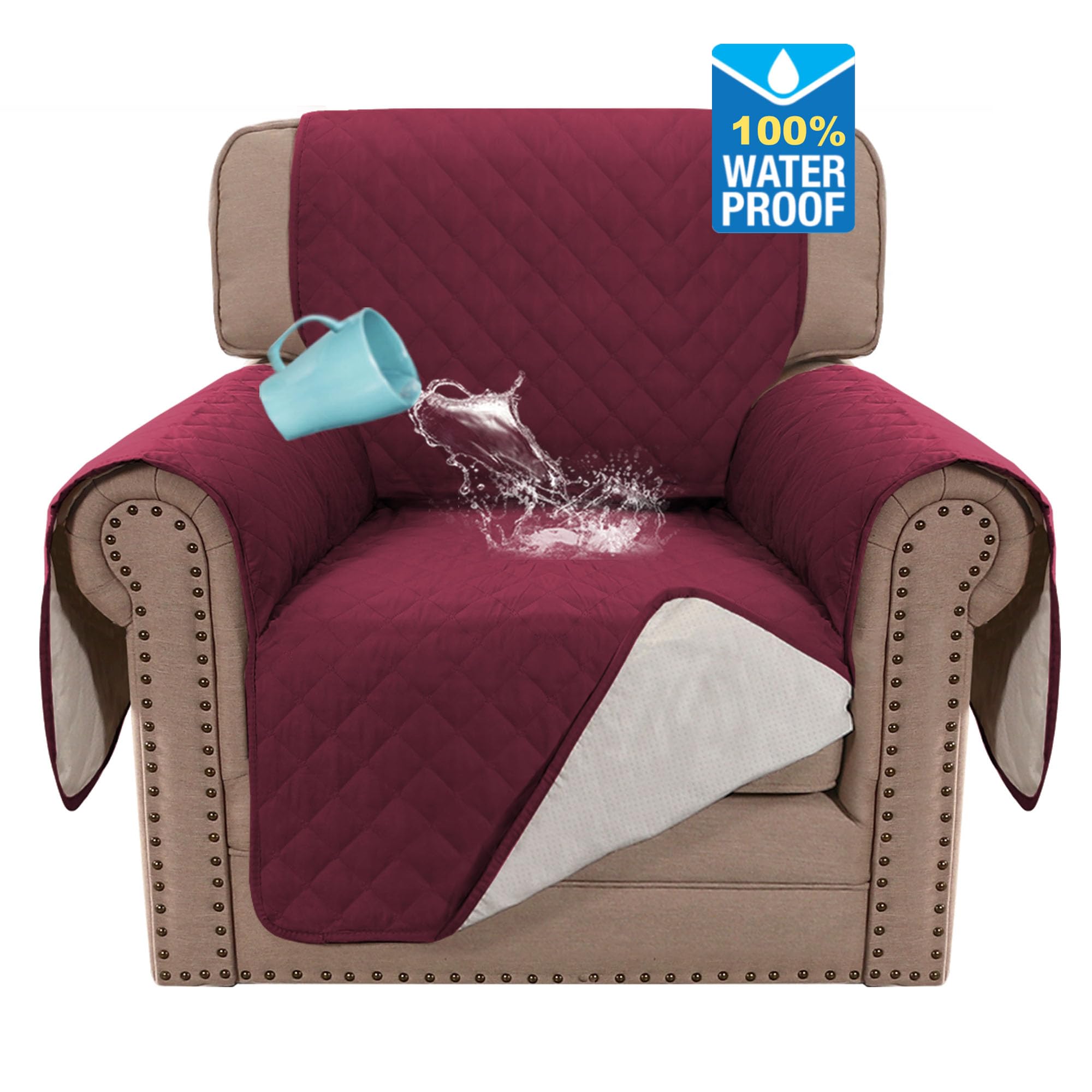 BellaHills Sofa Cover 100% Waterproof Sofa Covers 1 Seater Armchair Covers Triple Non-Slip Sofa Slipcovers for 1 Cushion Chair Washable Sofa Protector for Kids/Pets (Chair 23",Burgundy)