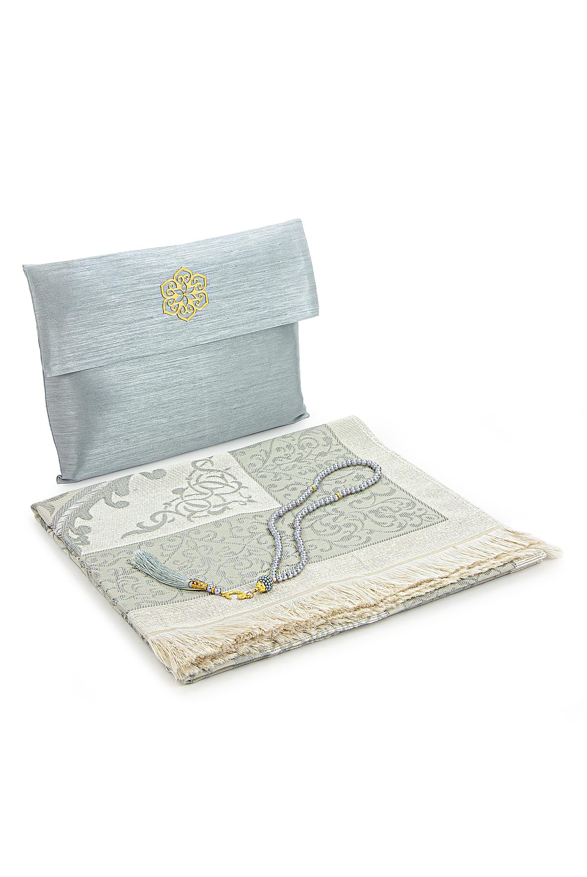 ihvan online Muslim Prayer Rug with 99 Beads Tasbih & Travel Bag, Soft Taffeta Sajadah, Lightweight & Foldable Janamaz, Portable Prayer Mat, Islamic Gift for Eid, Ramadan, Hajj & Umrah, Grey