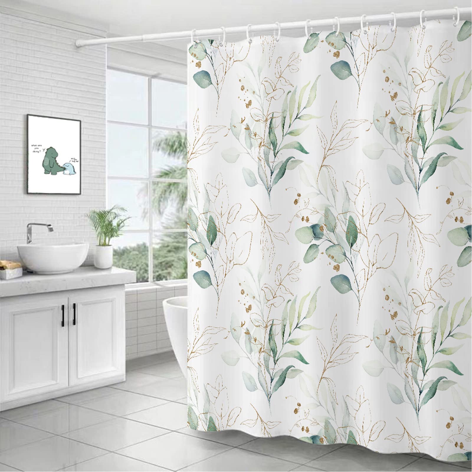 BANLMEYD Shower Curtain Mould Proof Resistant Waterproof Green Leaf Bathroom Curtains with 12 hooks Quick-Drying Weighted 180x180cm (71x71Inch) Polyester Shower Curtains for Bathroom Wet Room Tub