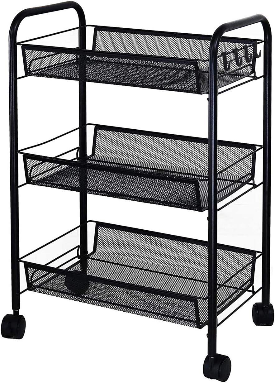 Amlanpin Rolling Storage Cart 3-Tier Metal Mesh Basket Shelves Organizer with Wheels for Home,Office,Kitchen,Bathroom,Bedroom(Black)