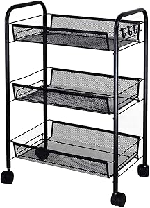 Amlanpin Rolling Storage Cart 3-Tier Metal Mesh Basket Shelves Organizer with Wheels for Home,Office,Kitchen,Bathroom,Bedroom(Black)