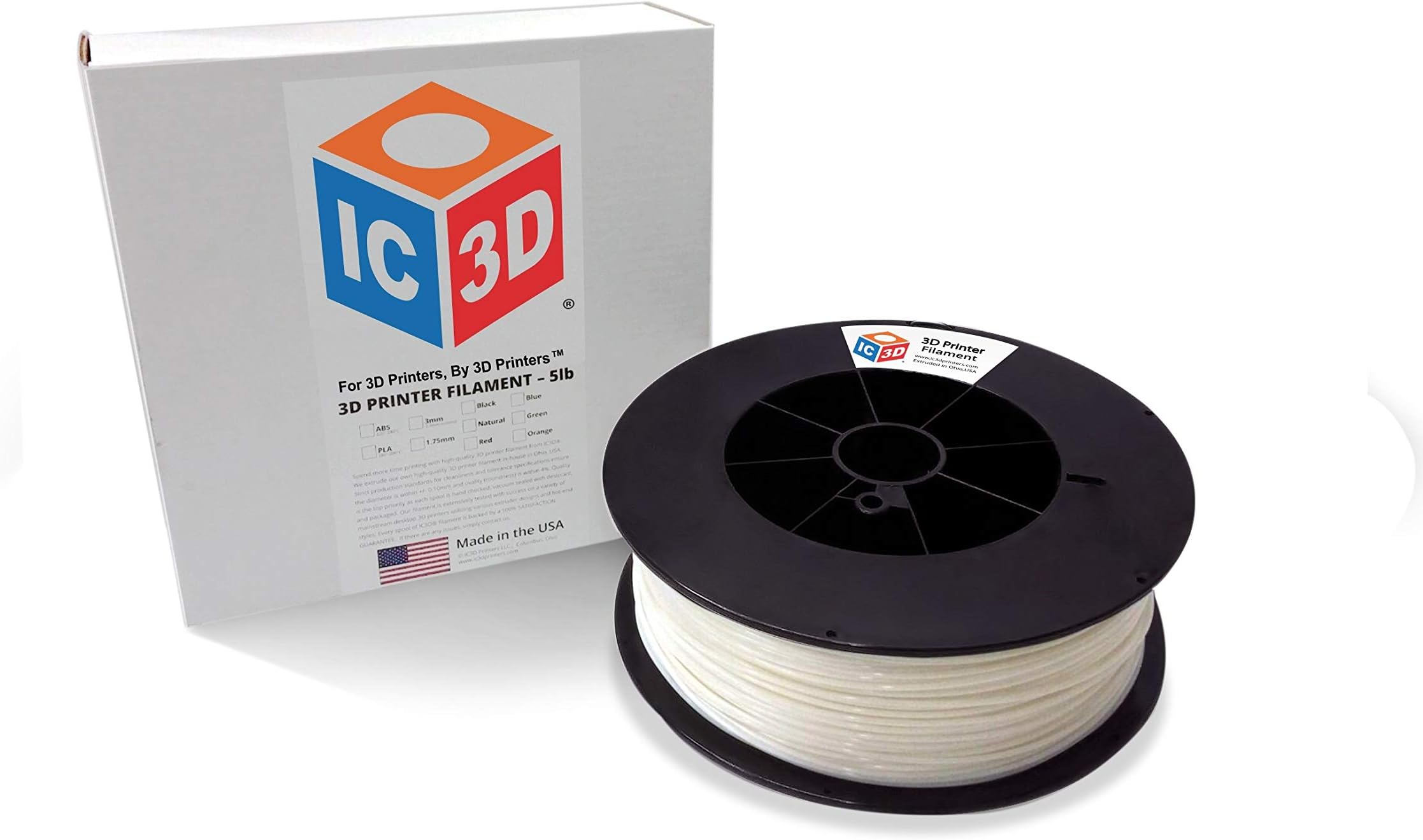 IC3D Natural 1.75mm ABS 3D Printer Filament - 2.5kg Spool - Dimensional Accuracy +/- 0.05mm - Professional Grade 3D Printing Filament - Made in USA