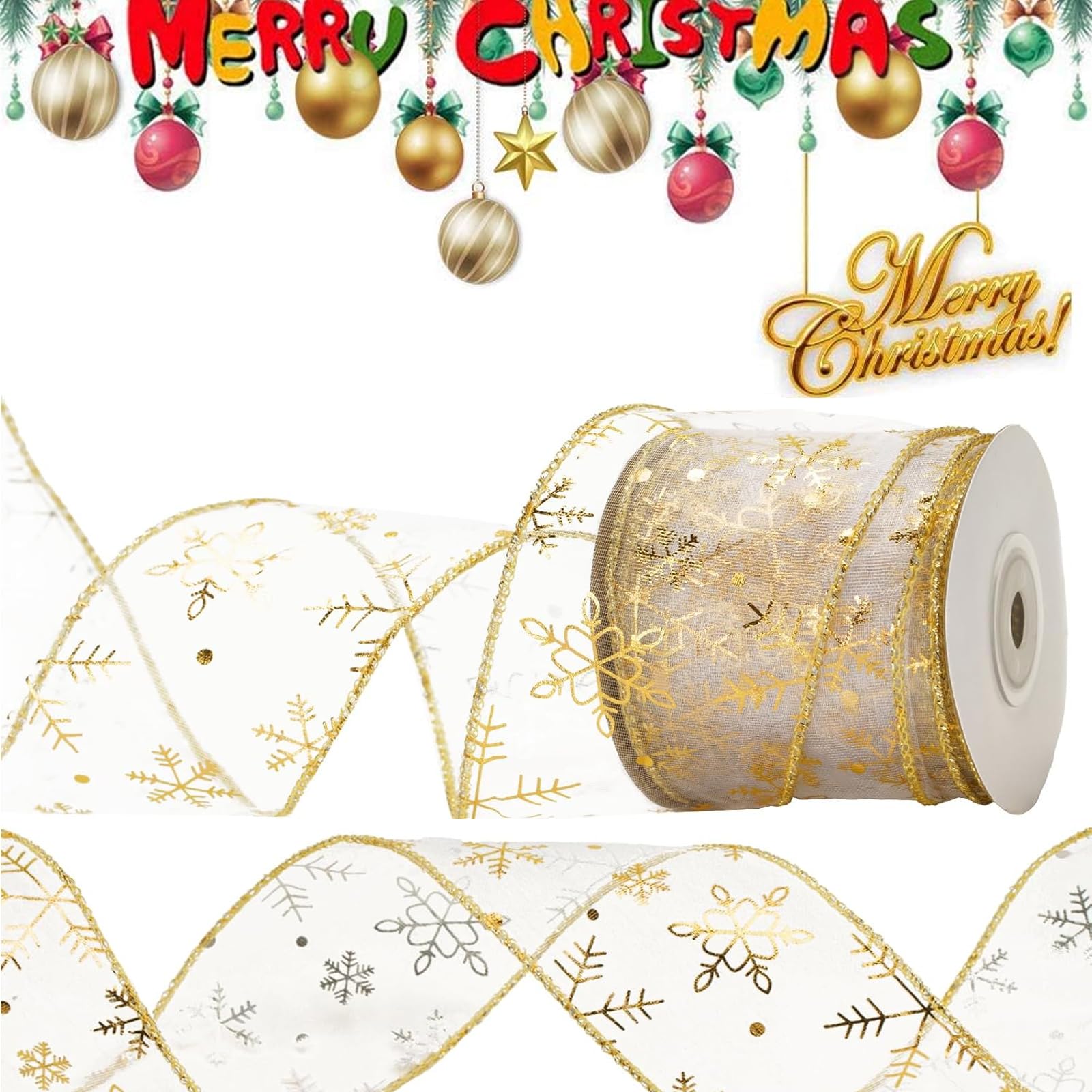 Gold Organza Snowflake Wired Sheer Glitter Ribbon With Spool for Christmas Decoration, Gift Wrapping, Party Decoration (Gold, 9m)