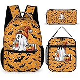Homieblanket Halloween Ghost Backpack with Lunch Box & Pencil Case, 16 Inch Scary Halloween Themed Bookbag, Adjustable Lightweight Large Capacity, Happy Halloween Backpacks Set for Kids Girls Boys