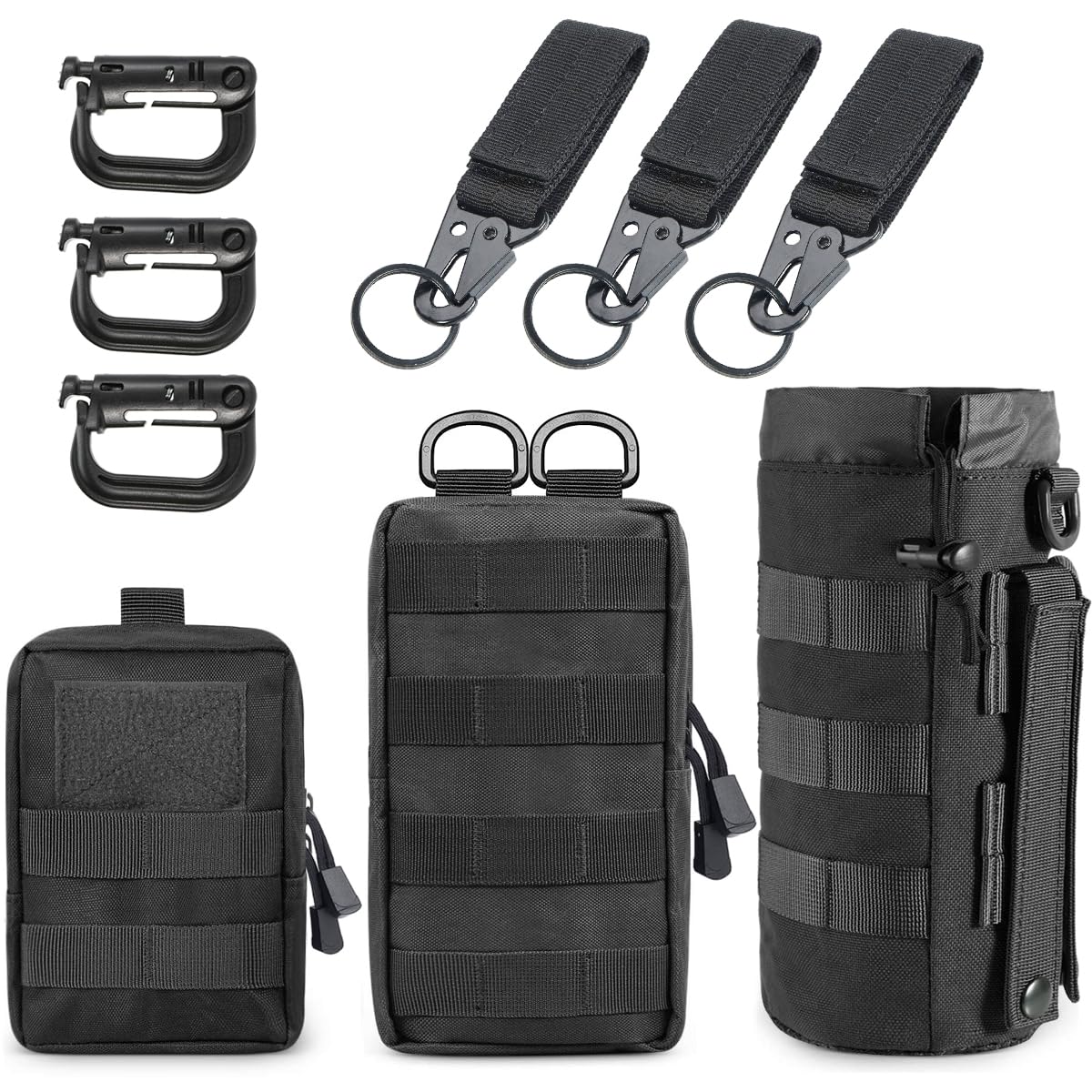 MUCHER 3 Pack Molle Pouches Tactical Waist Bags EDC Utility Pouch Waist Bag with 3 Hooks and 3 Keychains for Outdoor Hiking Hunting Camping Training Travelling (Black)