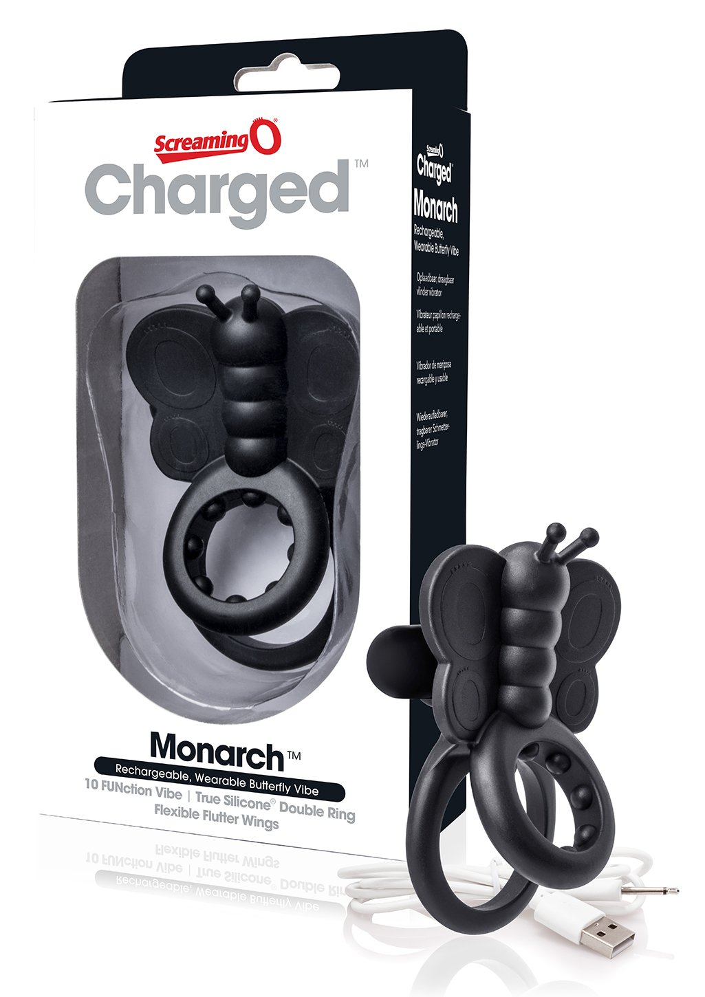 Screaming O Rechargeable Monarch Wearable Butterfly Vibrating Double Cock Ring, Black