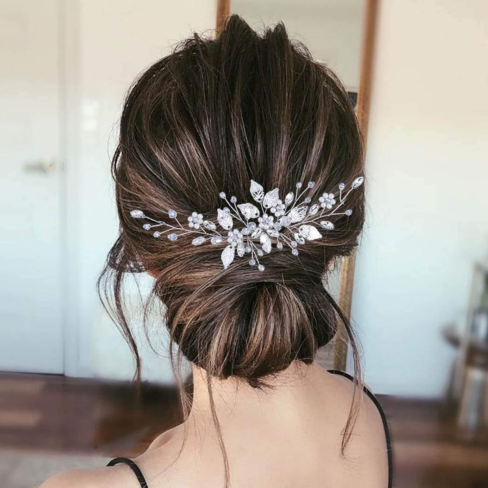 Bride Wedding Hair Comb - Pearl Flower, Crystal Leaf Hair Vine Comb - Wedding Hair Accessories for Women & Girls - Bridesmaid - Silver