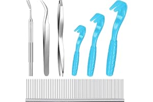 7Pcs Tick Removal Tool Kit, Include 3Pcs Plastic Removers, 3Pcs Stainless Steel Tick Remover Tweezers with Comb for Pet Dog, 