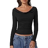 QINSEN Women Cowl Neck Long Sleeve T Shirts Double Lined Tight Fitted Crop Top