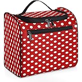 White Polka Dot Red Background Toiletry Bag for Women, Hanging Travel Toiletry Bag, Water-resistant Cosmetic Makeup Organizer for Toiletries and Cosmetics, Bathroom Shower Bag with Handle and Hook