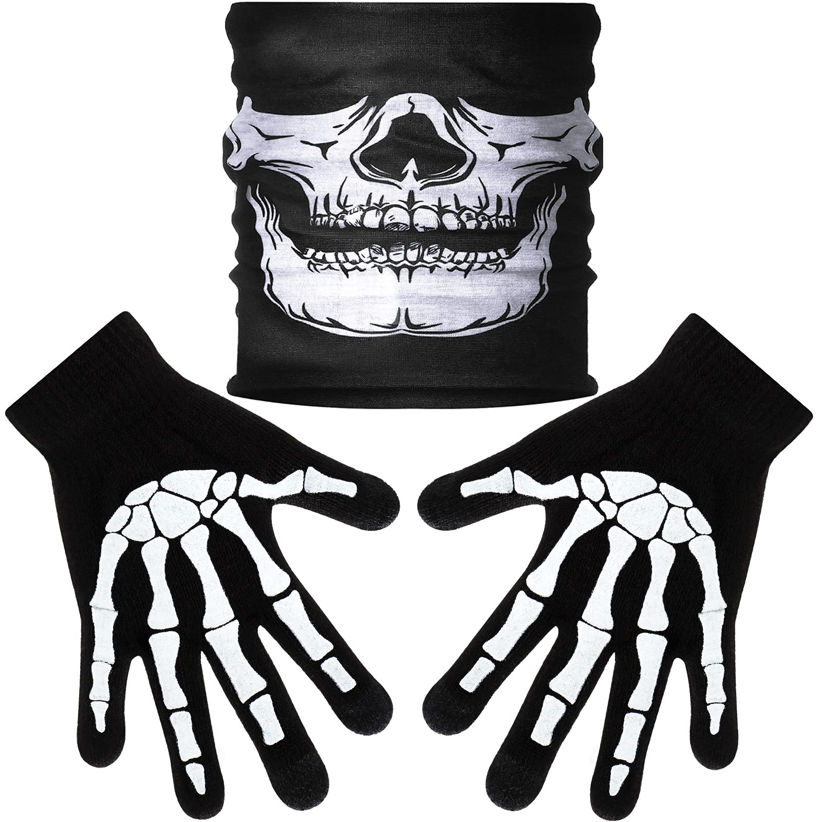 Tatuo White Skeleton Gloves and Skull Face Mask Half Ghost Bones Cosplay Costumes for Adult Halloween Dance Costume Party (1 Set, Style B)