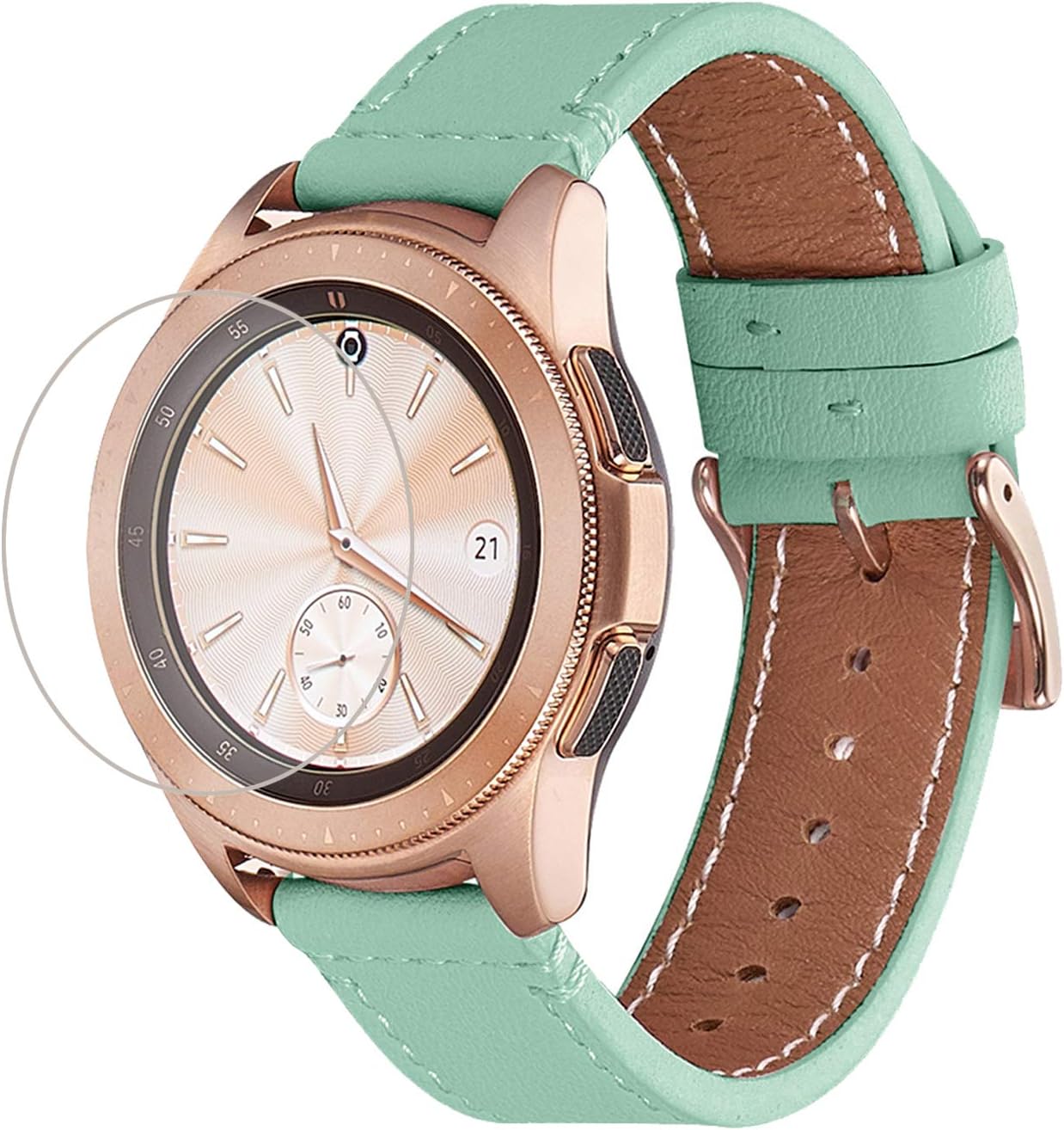 WFEAGL Compatible With Samsung Galaxy Active / Active 2 Watch Band 40mm 44mm, Top Grain Leather Strap and Replacement Wristband for Galaxy & Gear Sport/S2 Classic 42mm (Mint Green Band+Gold Buckle, 42 mm)
