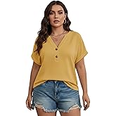 winkbay Women's Plus Size V Neck T Shirts Summer Button Front Short Sleeve Dressy Casual Tops