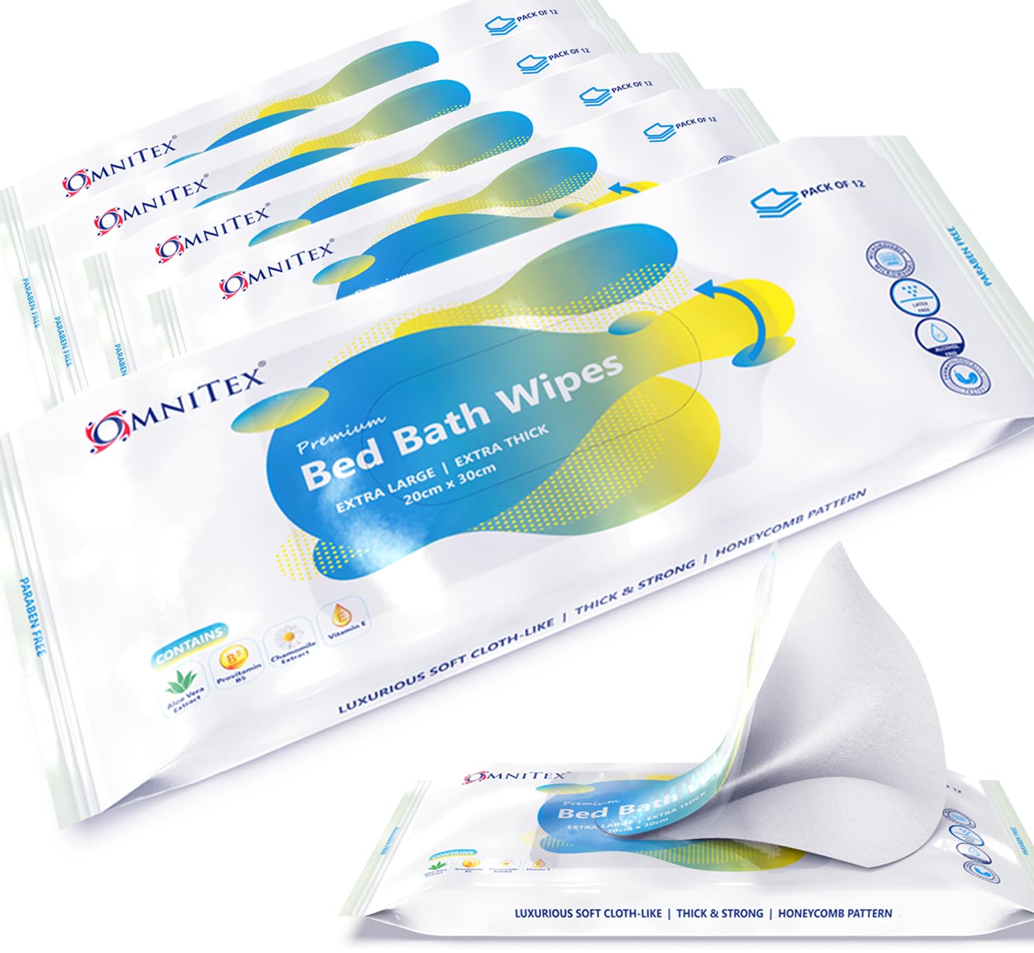60x Omnitex Extra Thick Premium Bed Bath Wipes - Microwaveable | Extra Large, Rinse Free Body Cleansing for Elderly | With Aloe Vera & Vitamins | Cleanse & Protect | Paraben & Alcohol Free | 5x 12pk