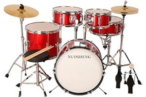 NUOSHENG Kids 5-Piece Complete Junior Drum Set with Genuine Brass Cymbals with 16" Bass Drum, Tom-Tom, Snare, Cymbals, Hi-Tone Drum, Drum Sticks, Base Pedal and Adjustable Throne, Beginner Set Red