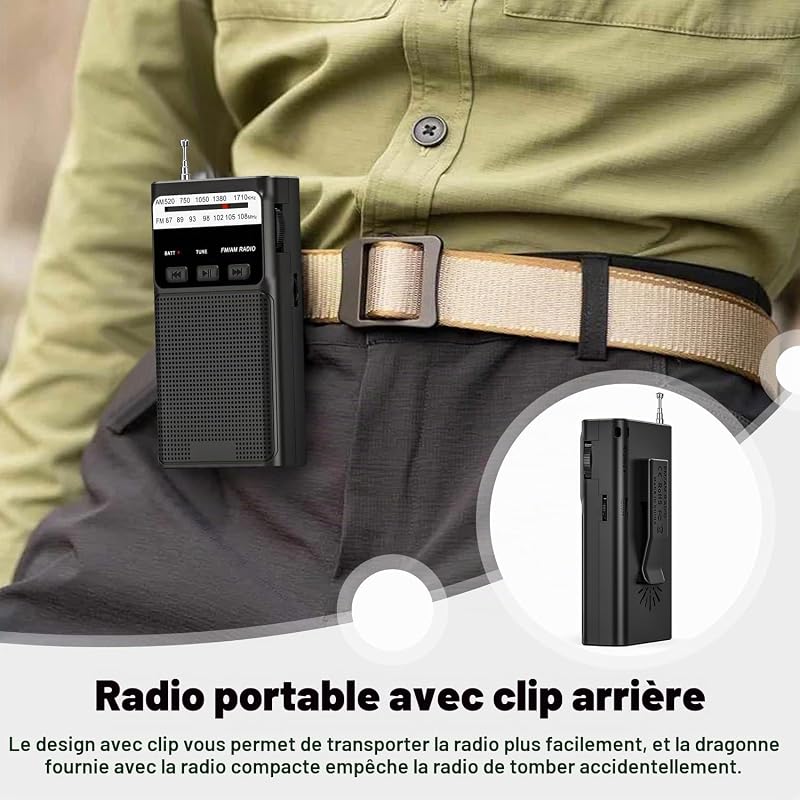 Petite Radio, Radios AM/FM, Radios de Poche avec Clip Arrière, Radio Portable avec Batterie Rechargeable Intégrée, Radio Avec Emplacement pour Carte TF, Prise Casque 3.5MM et Fonction Lumineuse.（Noir） — photo 5 sur 7