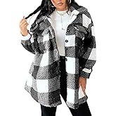 CARE LUCK Plaid Jacket for Woman Faux Fur Fleece Teddy Coat with Button Front & Flap Pockets,Warm Sherpa Fall Winter Jacket