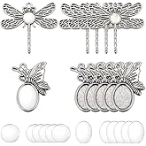 SUNNYCLUE 80Pcs DIY 40Sets Cabochon Bezel Trays Pendant Bezel Kit Antique Silver Butterfly Dragonfly Insect Pendant Blanks Pendants Tray with Round Oval Glass Cabochons for Jewelry Making Charms