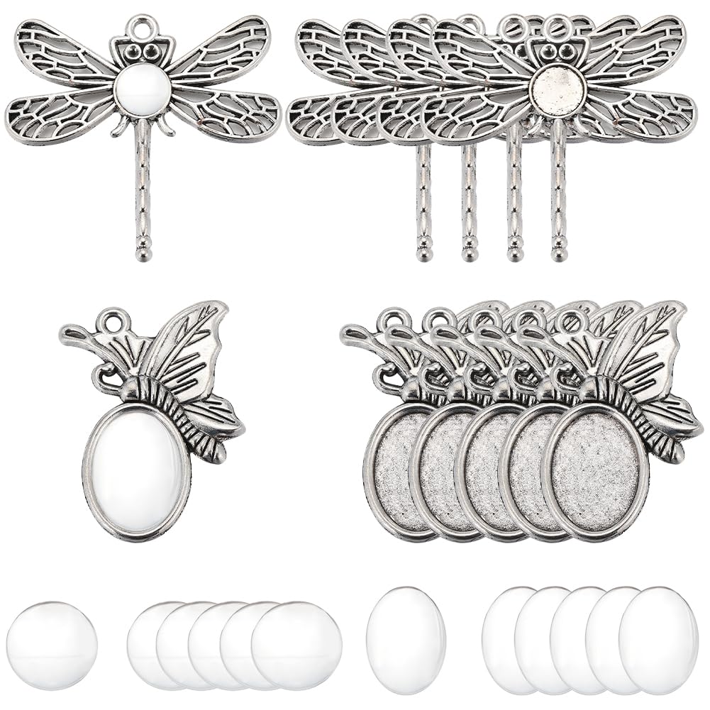 SUNNYCLUE 80Pcs DIY 40Sets Cabochon Bezel Trays Pendant Bezel Kit Antique Silver Butterfly Dragonfly Insect Pendant Blanks Pendants Tray with Round Oval Glass Cabochons for Jewellery Making Charms