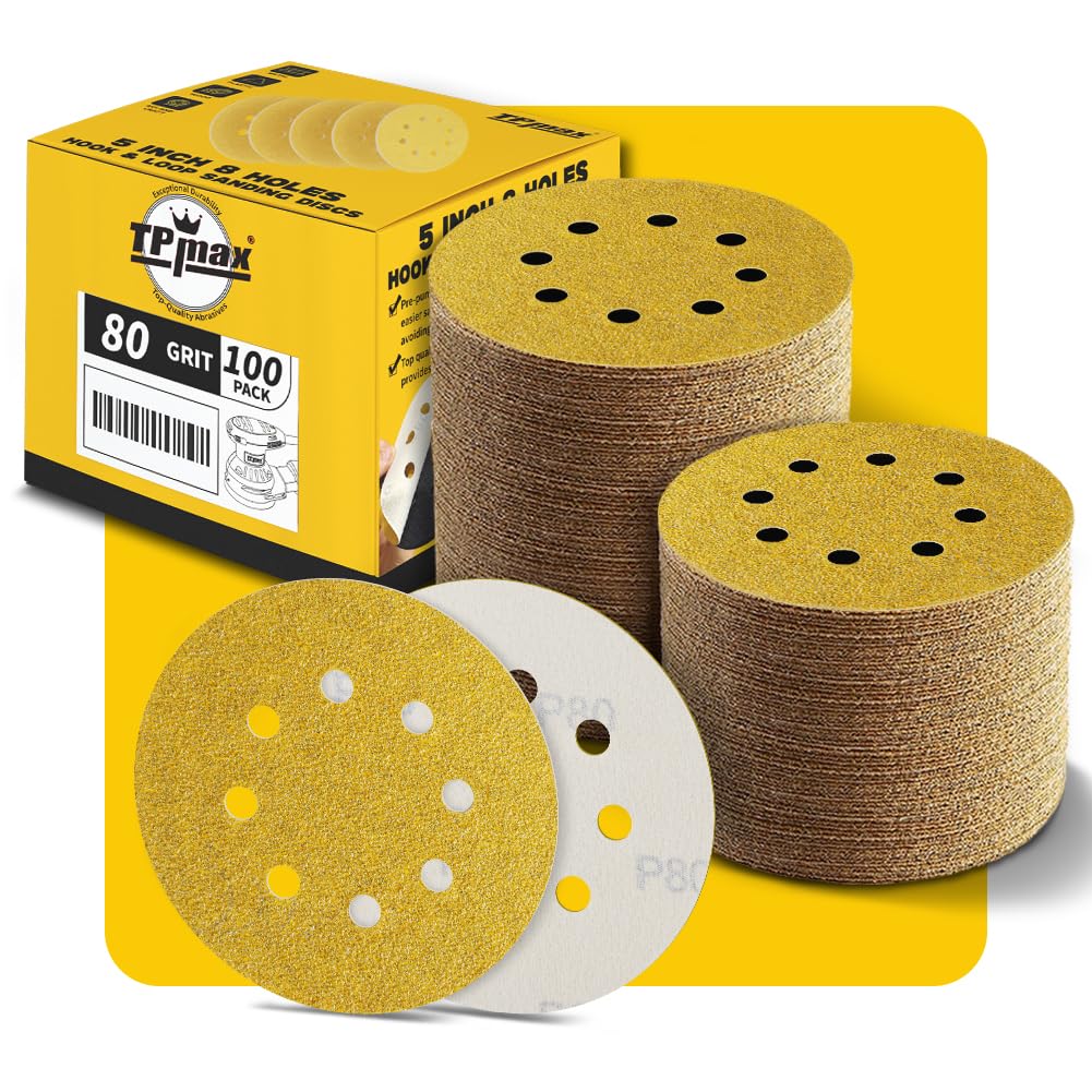 100PCS 125mm 8 Hole Sanding Discs Sandpaper, 80 Grit, Premium Gold Round Hook and Loop for Random Orbital Sander - Ideal for Wood, Metal, Automotive — image 1