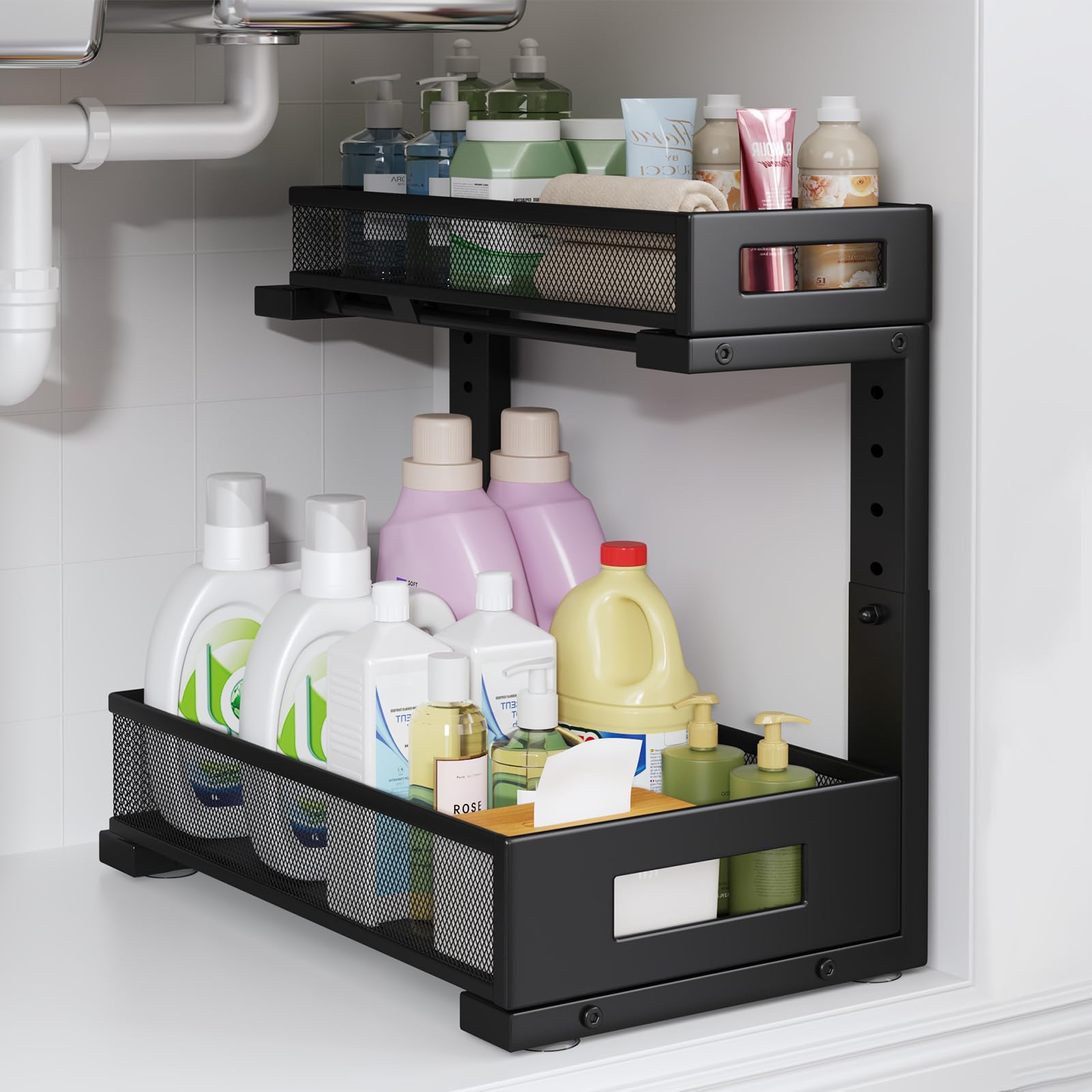 Photo 1 of 1 Pack-11.4"-16.14"H Under Sink Storage Organizer, Large 2-Tier Elegant Mesh Pull Out Shelf for Kitchen and Bathroom Cabinet Organization, L-Shaped and Adjustable Height Design for Maximum Space-Black