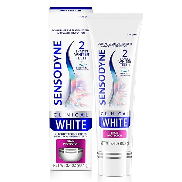 SENSODYNE CLINICAL WHITE TOOTHPASTE CLINICALLY PROVEN WHITENING FOR SENSITIVE TEETH, STAIN PROTECTOR, 3.4 OZ