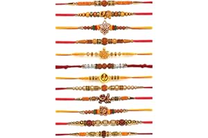 VIBRANT-GUJARAT Rakhi for brother | Rakhi Set of 12 for Brother | Rakhee Bracelet on Festival of Raksha Bandhan for Brothers | Made by fine Threads Rudraksha Kundan Multicolored Stone and Small White Beads