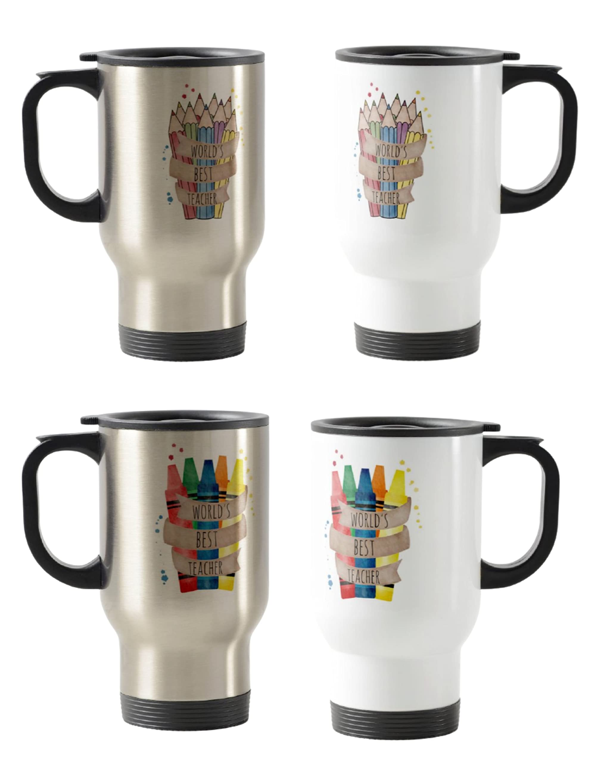 Vixar Teacher Travel Mug, World's Best Teacher, Crayons/Pencils Teacher Gift from Kids, School Gift, End of Year (White/Pencils)