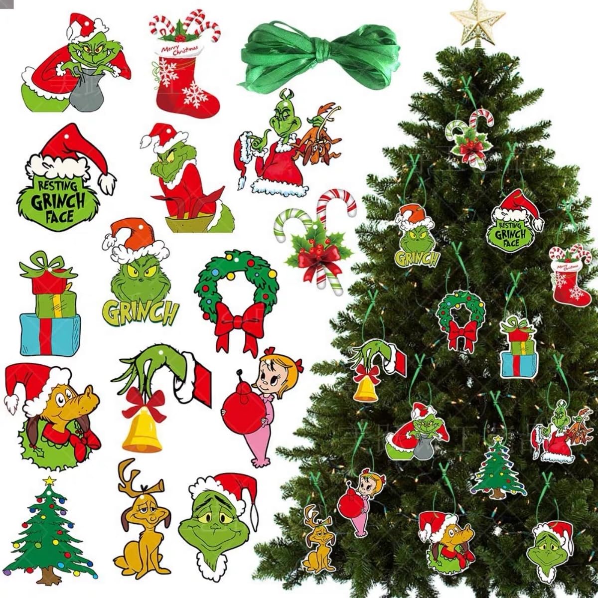 Grinch Christmas Decorations 30Pcs Set - Xmas Tree Decorations for Indoors, Grinch Tree Decor with Hanging Ornaments, Festive Party Supplies