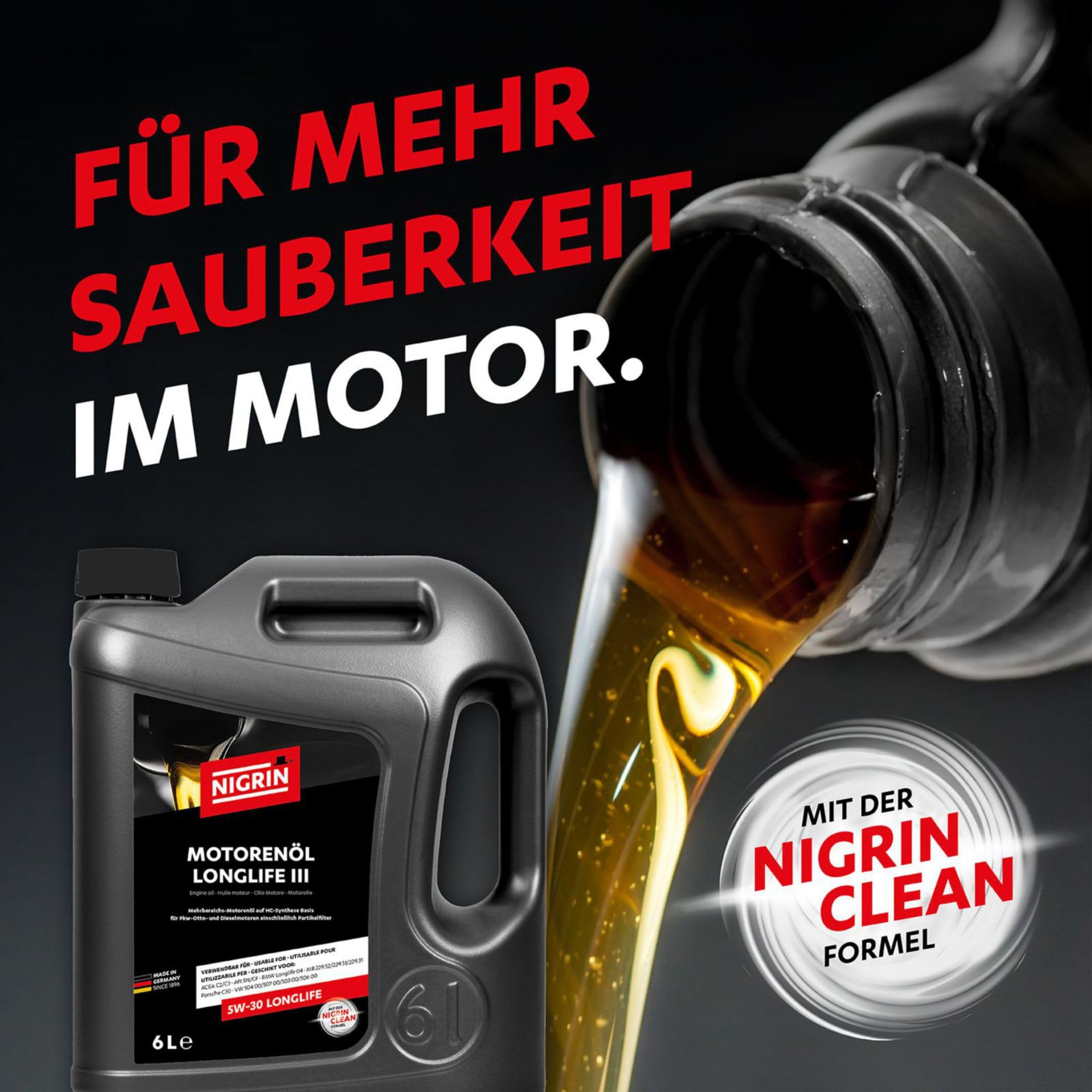NIGRIN Motorenöl 5W-30 LongLife III | 6 Liter | für Pkw- Otto- und Dieselmotoren einschließlich Partikelfilter, Mehrbereichsmotoröl auf HC-Synthese Basis, VW 504 00/507 00/503 00/506 00 6