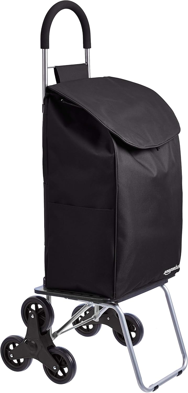 AmazonBasics Folding Stair Climber Shopping Cart Converts into Dolly, 44 inch Handle Height, Black