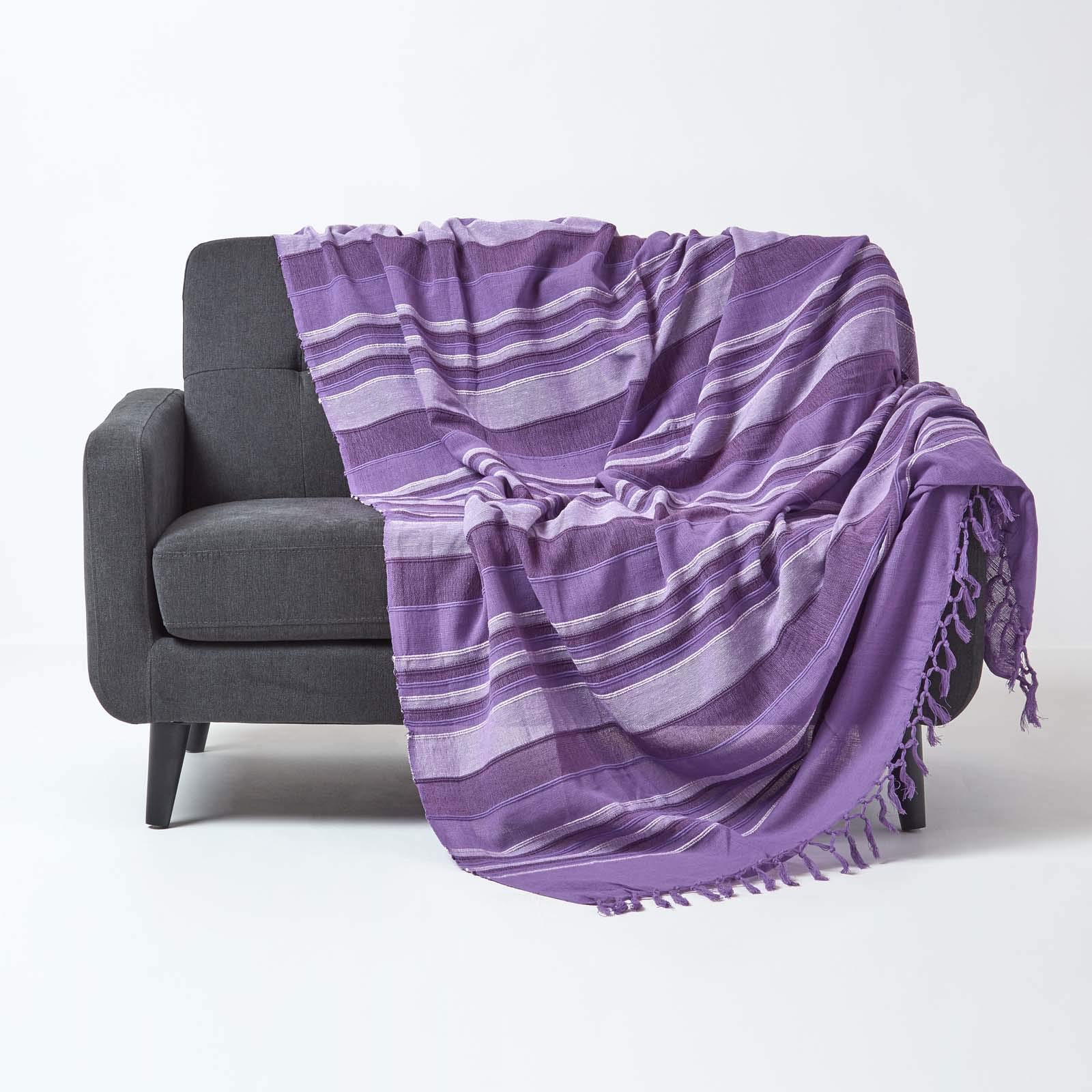 Homescapes Pure Cotton Stripe Throw/Sofa Throw from the Stripes Collection, Fabric, violet, 150 x 200 cm