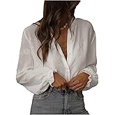 GORGLITTER Women's Floral Embroidered Boho Top Sheer Peasant Blouses Bishop Long Sleeve Button Down Shirts Dressy Casual