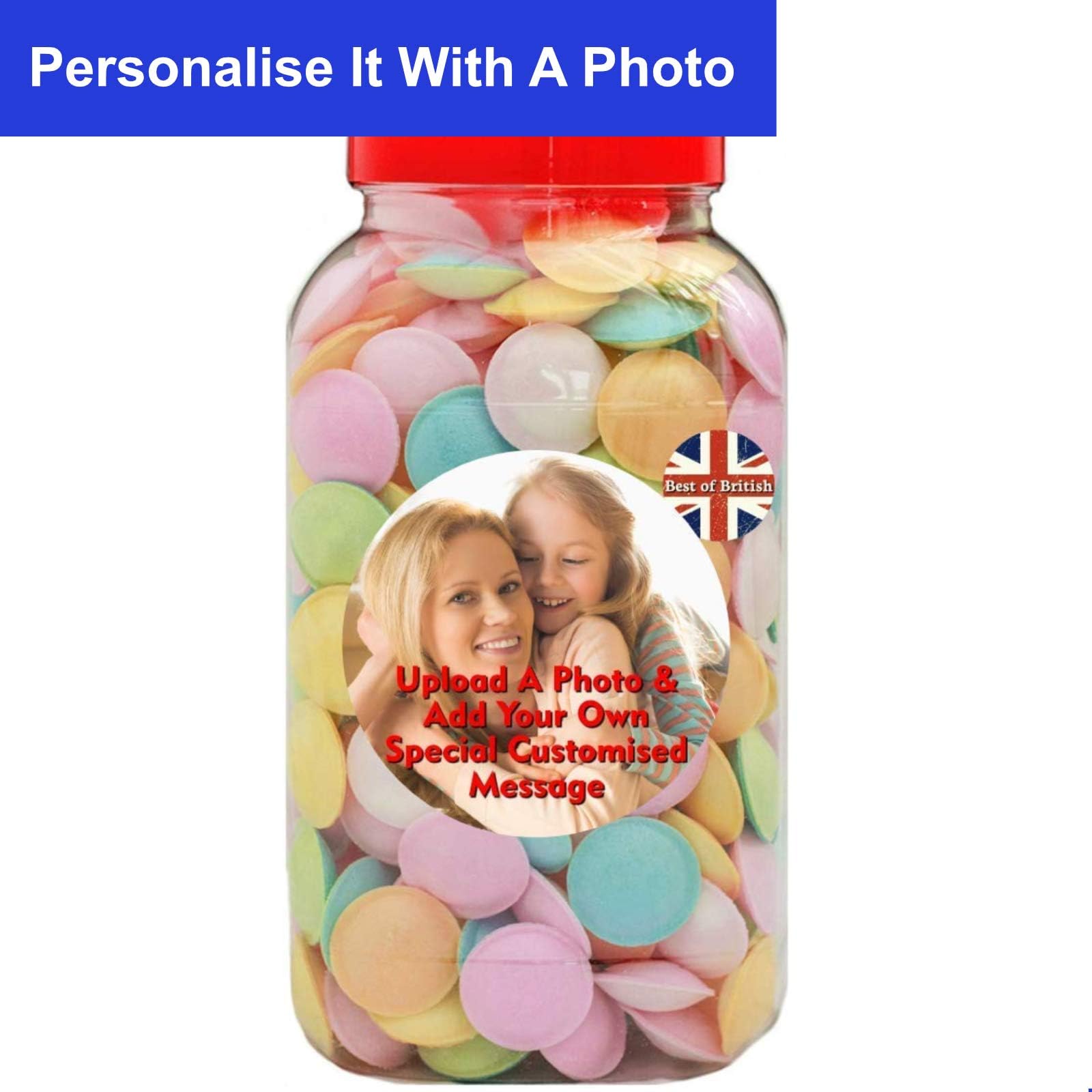 Customised Sweetshop Gift Jar Crammed Full of Flying Saucers: Upload A Photo & Add Your Personalised Message