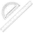 Zonon 2 Packs 12'' Plastic Ruler and 6'' Plastic Protractor Set Clear Math Geometry Set Protractors Classroom Set Transparent School Supplies Rulers for School Classroom Home Office Drawing (Clear)