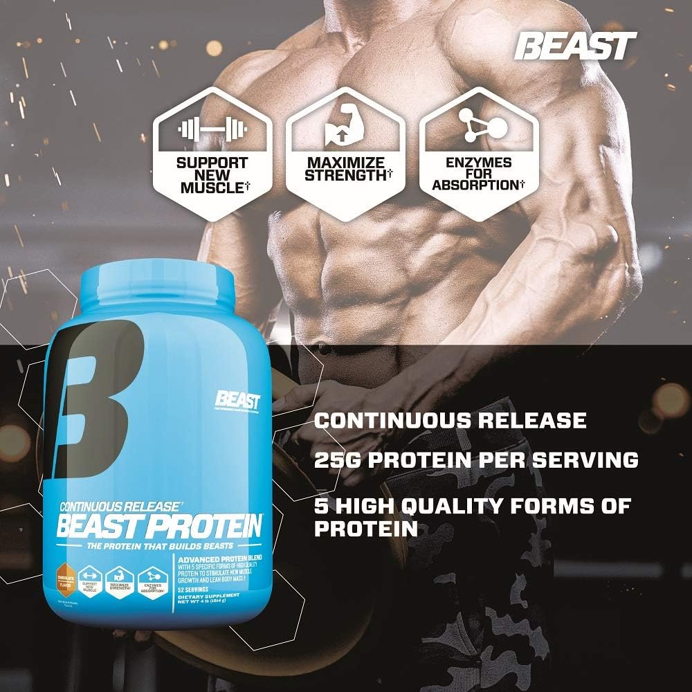 Beast Sports Nutrition Beast Protein 25 Grams of High-Quality Protein with 5 Protein Sources for Lean Muscle including Whey Concentrate and Isolate. Low Fat Low Carbs. 4lbs, 52 Servings, Chocolate: Health & Personal Care