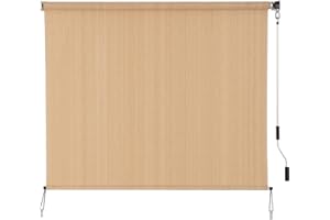 SEEYE Outdoor Sunshade Roller Shades 8' W x 6' H, Cordless Roll Up Shade Blinds Privacy Screen with 90% UV Protection, Exterior Patio Shade Cloth for Porch Pergola Balcony Backyard Windows, Walnut