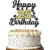 Happy 25th Birthday Cake Topper Black and Gold Glitter Number 25 Twenty-Five Years Old Birthday Pick For 25 Fabulous Anniversary Party Cake Decorations Supplies